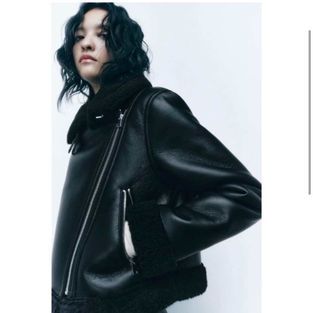 Zara Black Faux Leather Double Faced Biker Jacket with Plush Shearling Fur Trim - Picture 11 of 12